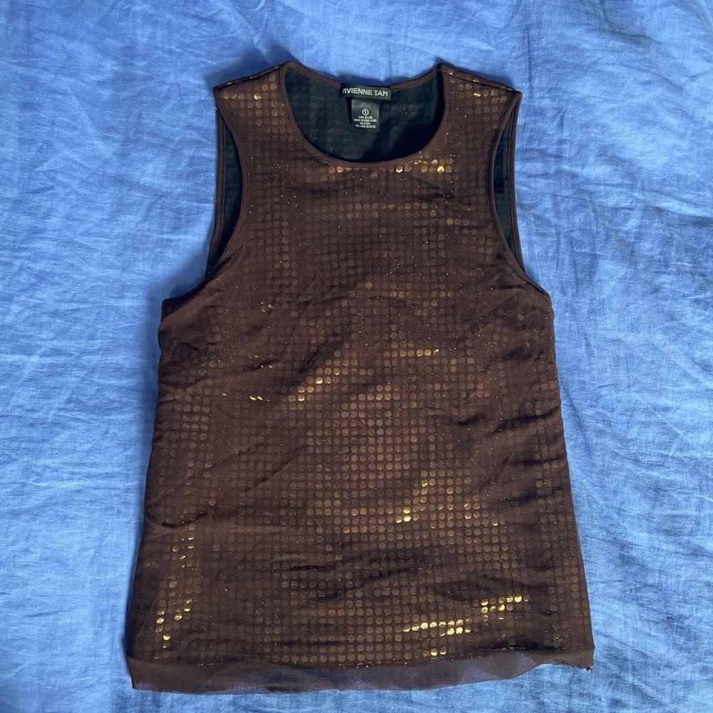 INSANE 90s (?) vintage Vivienne Tam sequin top and mini skirt in brown mesh